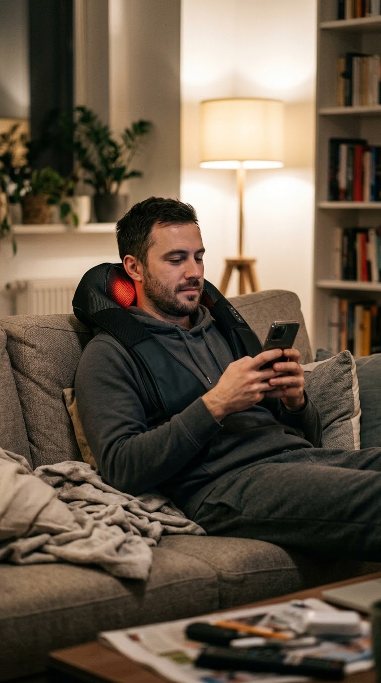 Man using a neck massager at his laptop