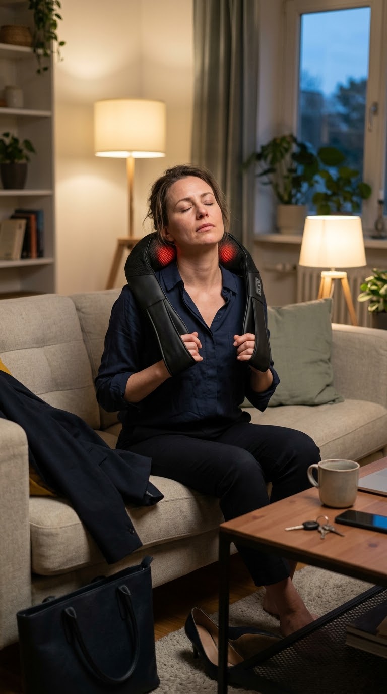 Relaxed woman wearing a neck massager
