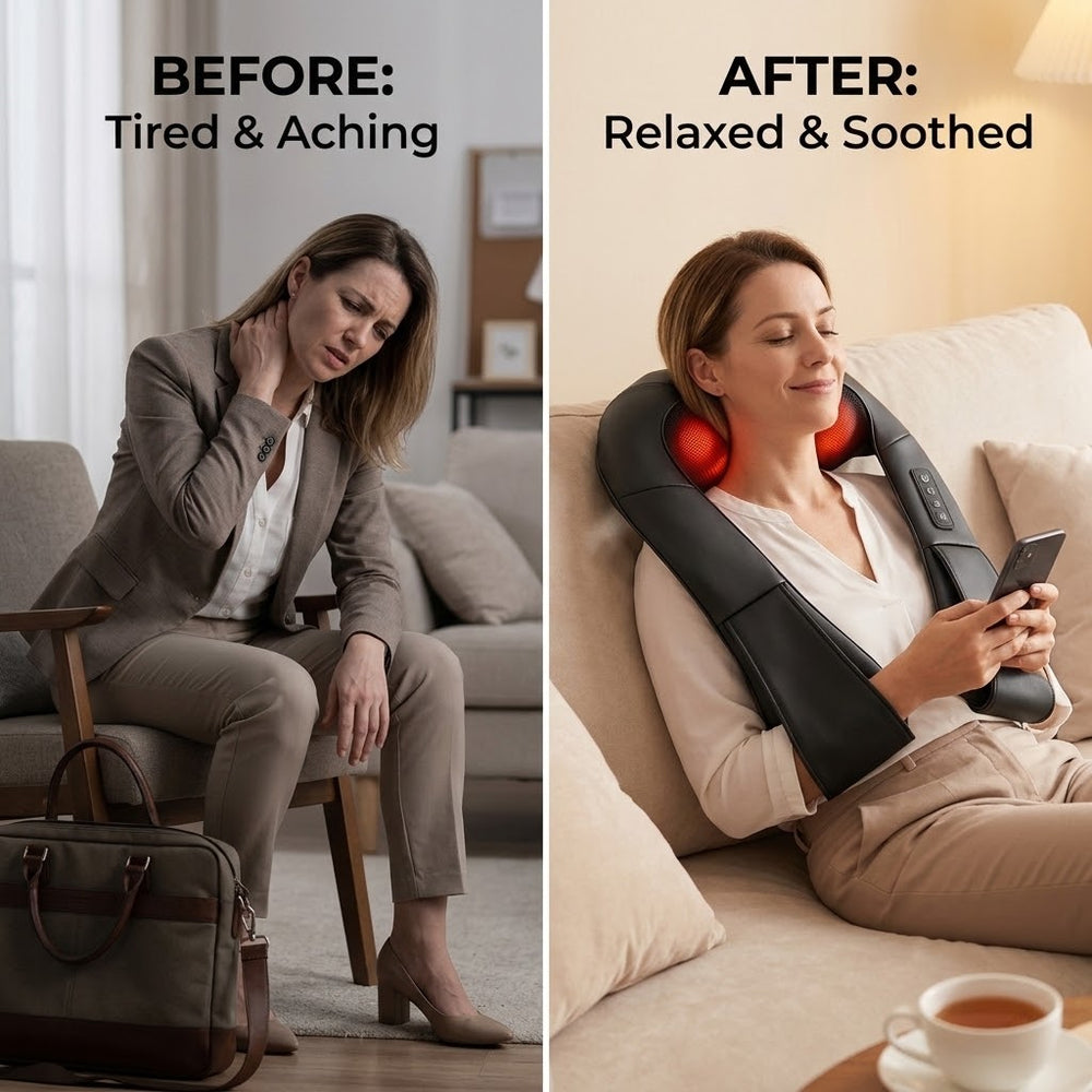 Relaxed woman on a sofa with a glowing neck massager