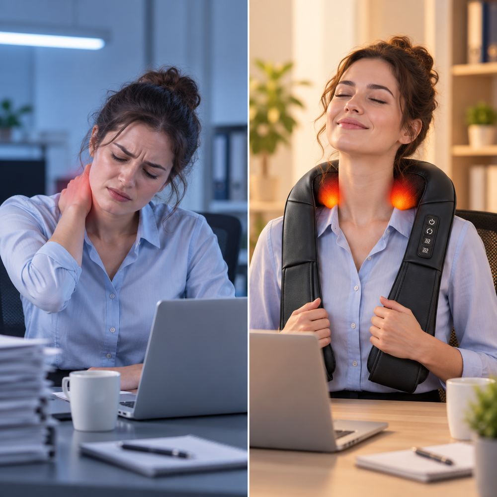Woman at work experiencing relief with a neck massager
