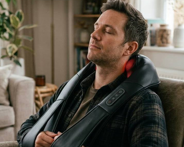 Relaxed man wearing a neck massager while working at a laptop